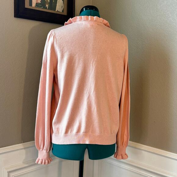 Boden Pink Ruffle Trim Tie-Neck Sweater Women’s Medium Soft Knit Pullover | Fall - Picture 5 of 8